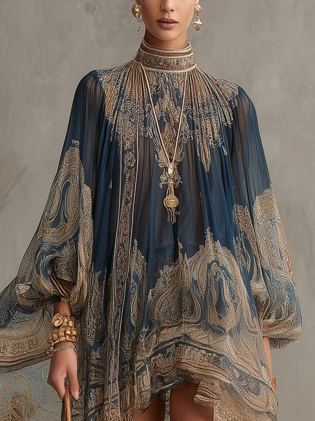 Marianna | Mini abito in chiffon blu navy con stampa barocca dorata